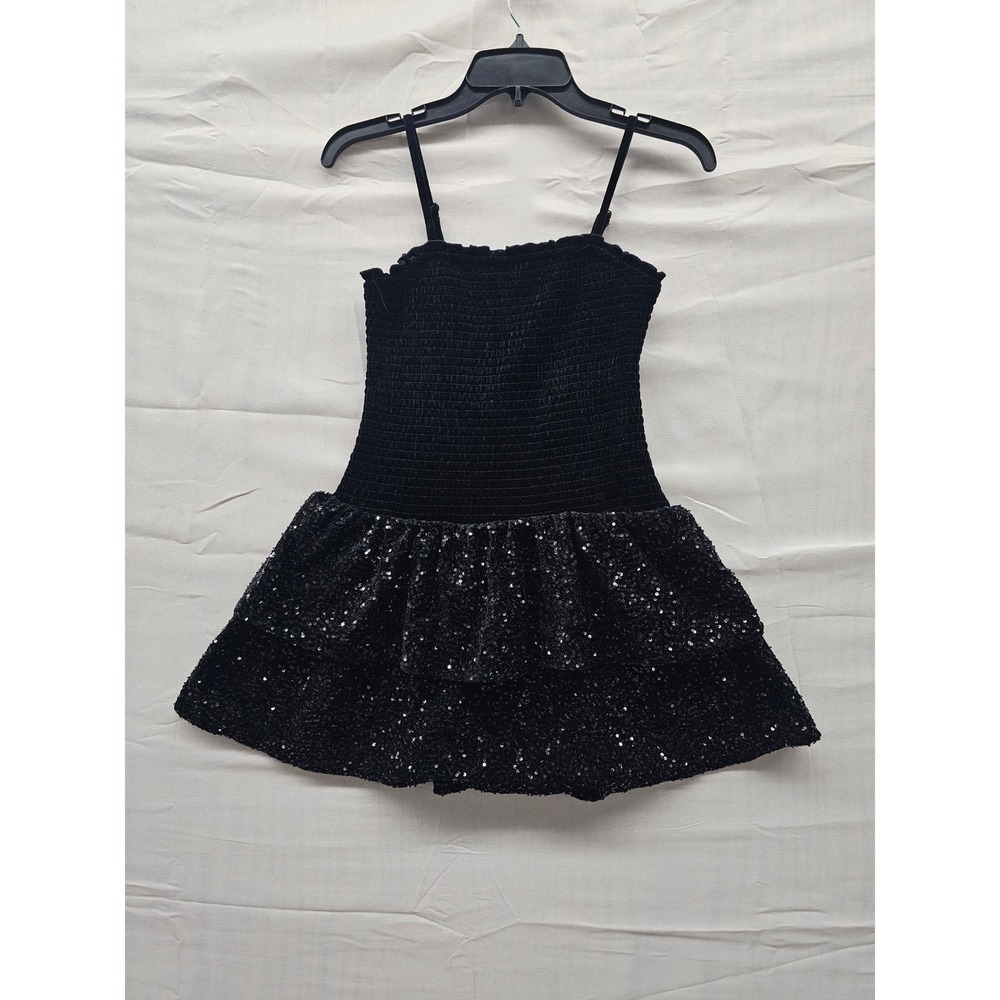 Art Class Girls Black Smocked Sequin Tiered Dress Size M 8 Party Holiday